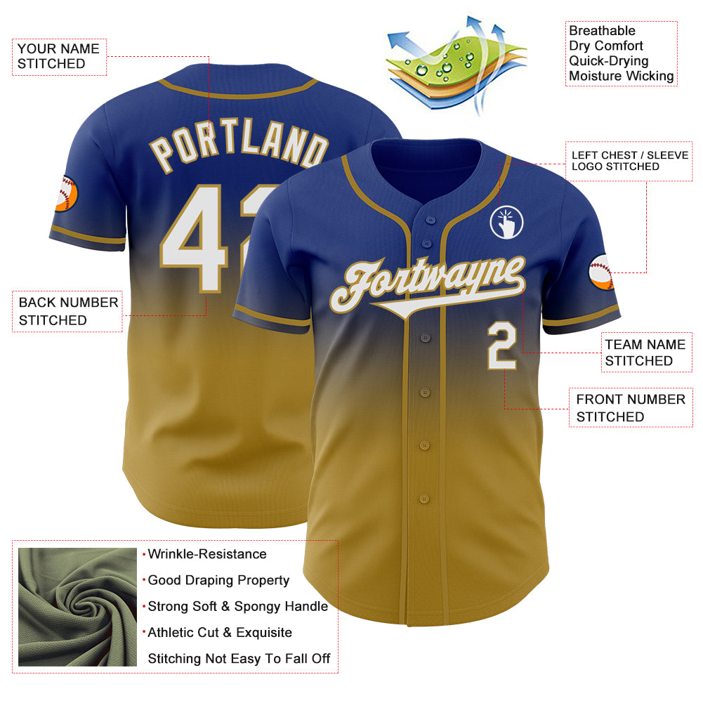 Custom Royal White-Old Gold Authentic Fade Fashion Baseball Jersey