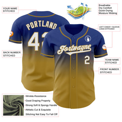 Custom Royal White-Old Gold Authentic Fade Fashion Baseball Jersey