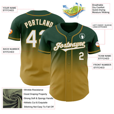 Custom Green White-Old Gold Authentic Fade Fashion Baseball Jersey