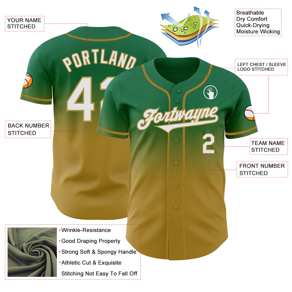 Custom Kelly Green White-Old Gold Authentic Fade Fashion Baseball Jersey