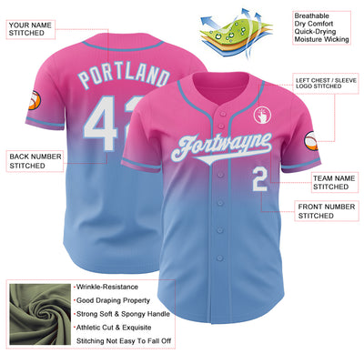 Custom Pink White-Light Blue Authentic Fade Fashion Baseball Jersey