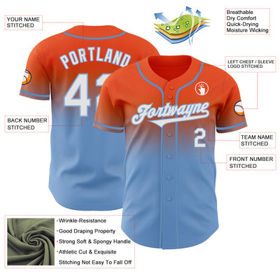 Custom Orange White-Light Blue Authentic Fade Fashion Baseball Jersey