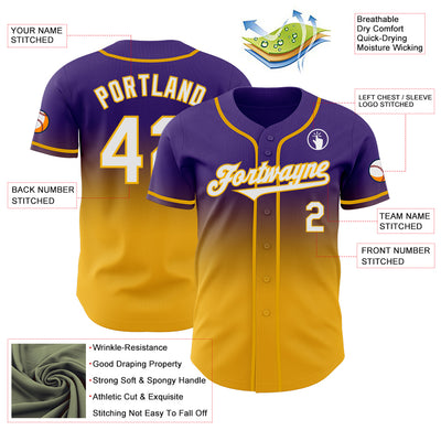 Custom Purple White-Gold Authentic Fade Fashion Baseball Jersey