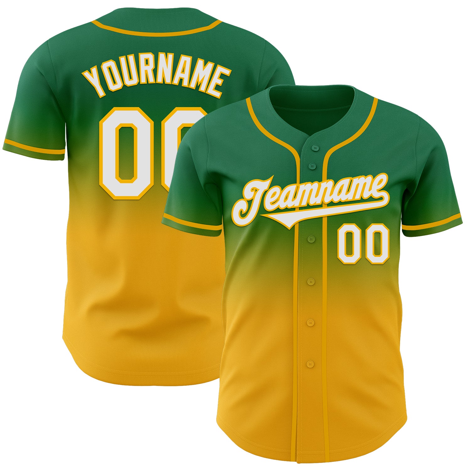 Custom Kelly Green White-Gold Authentic Fade Fashion Baseball Jersey