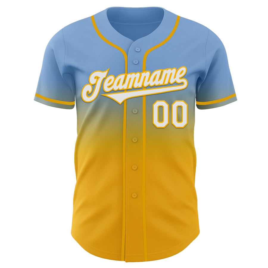 Custom Light Blue White-Gold Authentic Fade Fashion Baseball Jersey