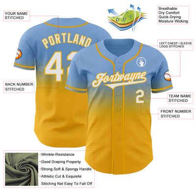 Custom Light Blue White-Gold Authentic Fade Fashion Baseball Jersey