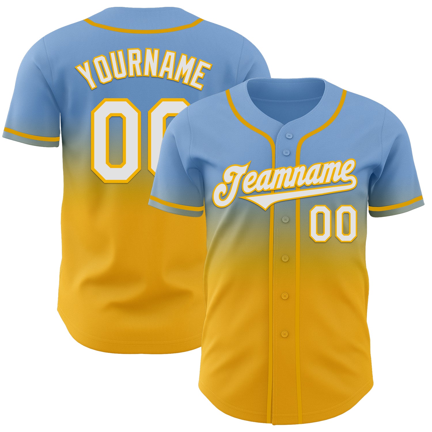 Custom Light Blue White-Gold Authentic Fade Fashion Baseball Jersey