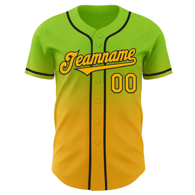 Custom Neon Green Gold-Black Authentic Fade Fashion Baseball Jersey