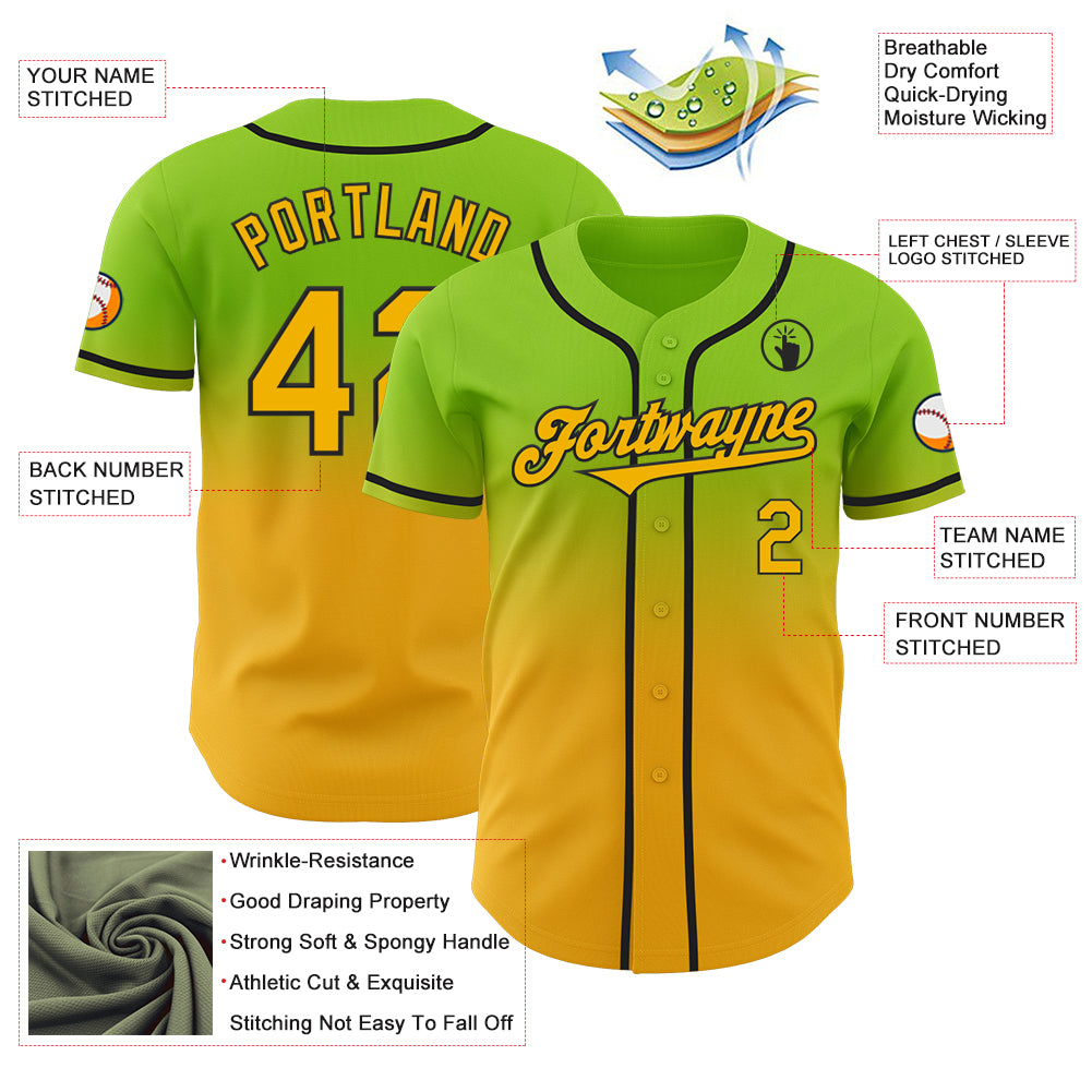 Custom Neon Green Gold-Black Authentic Fade Fashion Baseball Jersey