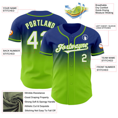 Custom Royal White-Neon Green Authentic Fade Fashion Baseball Jersey