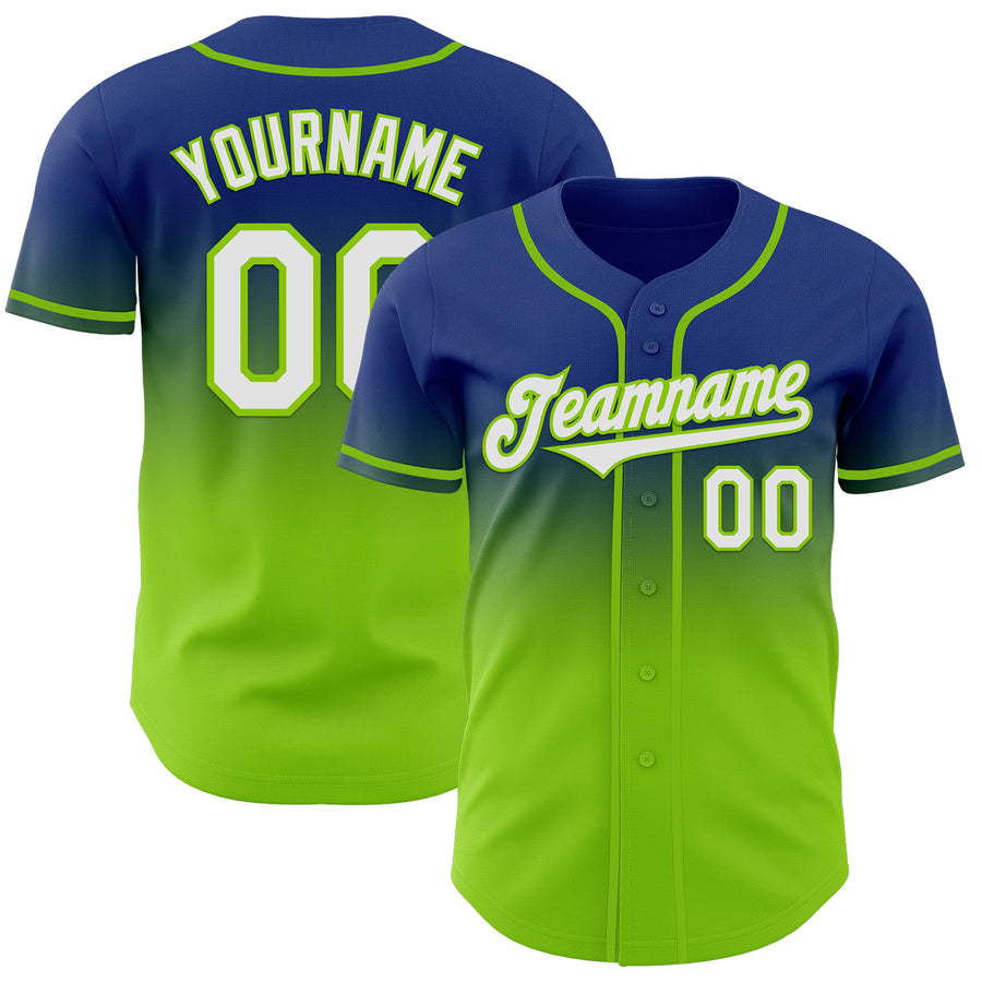 Custom Royal White-Neon Green Authentic Fade Fashion Baseball Jersey