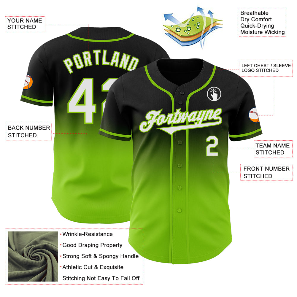 Custom Black White-Neon Green Authentic Fade Fashion Baseball Jersey