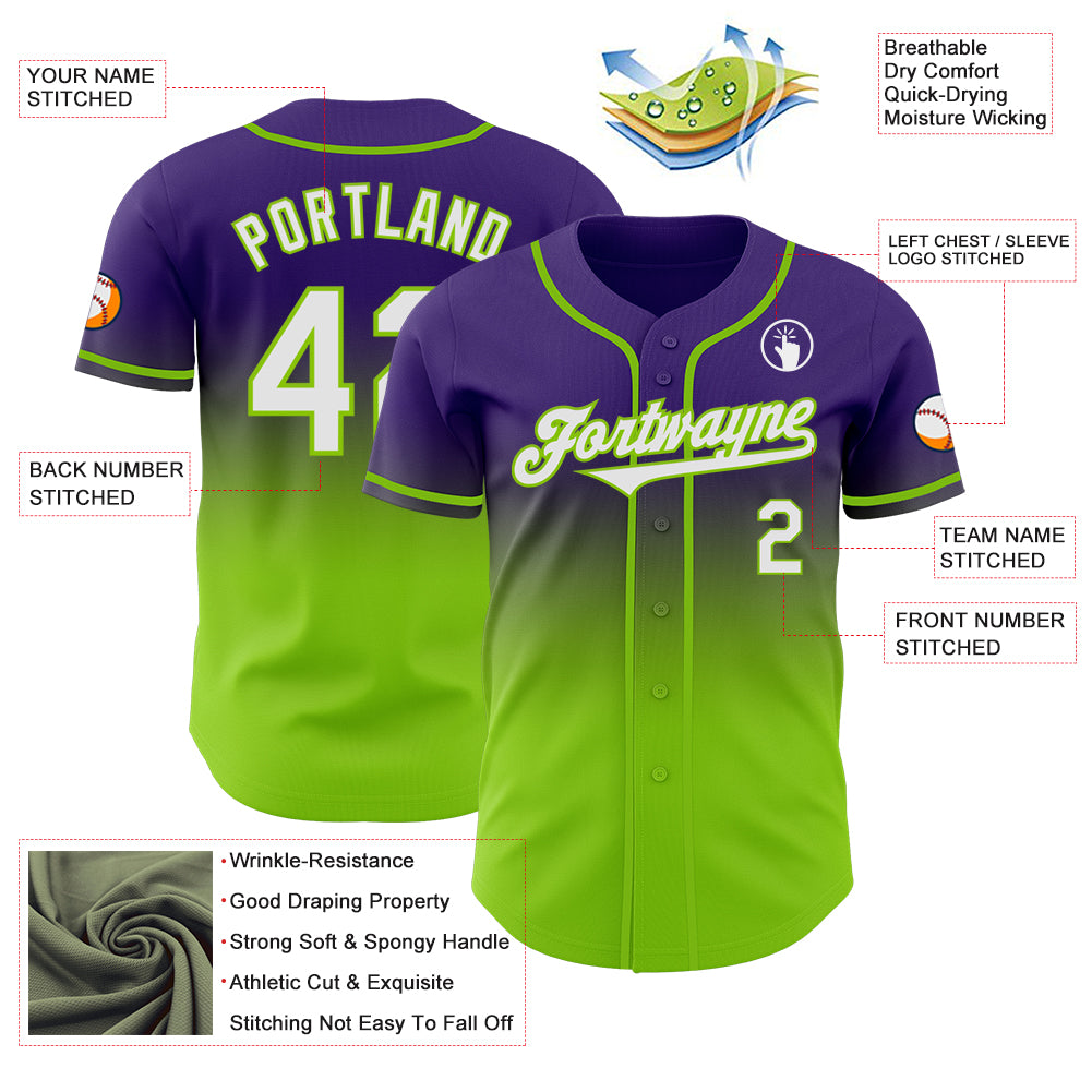 Custom Purple White-Neon Green Authentic Fade Fashion Baseball Jersey