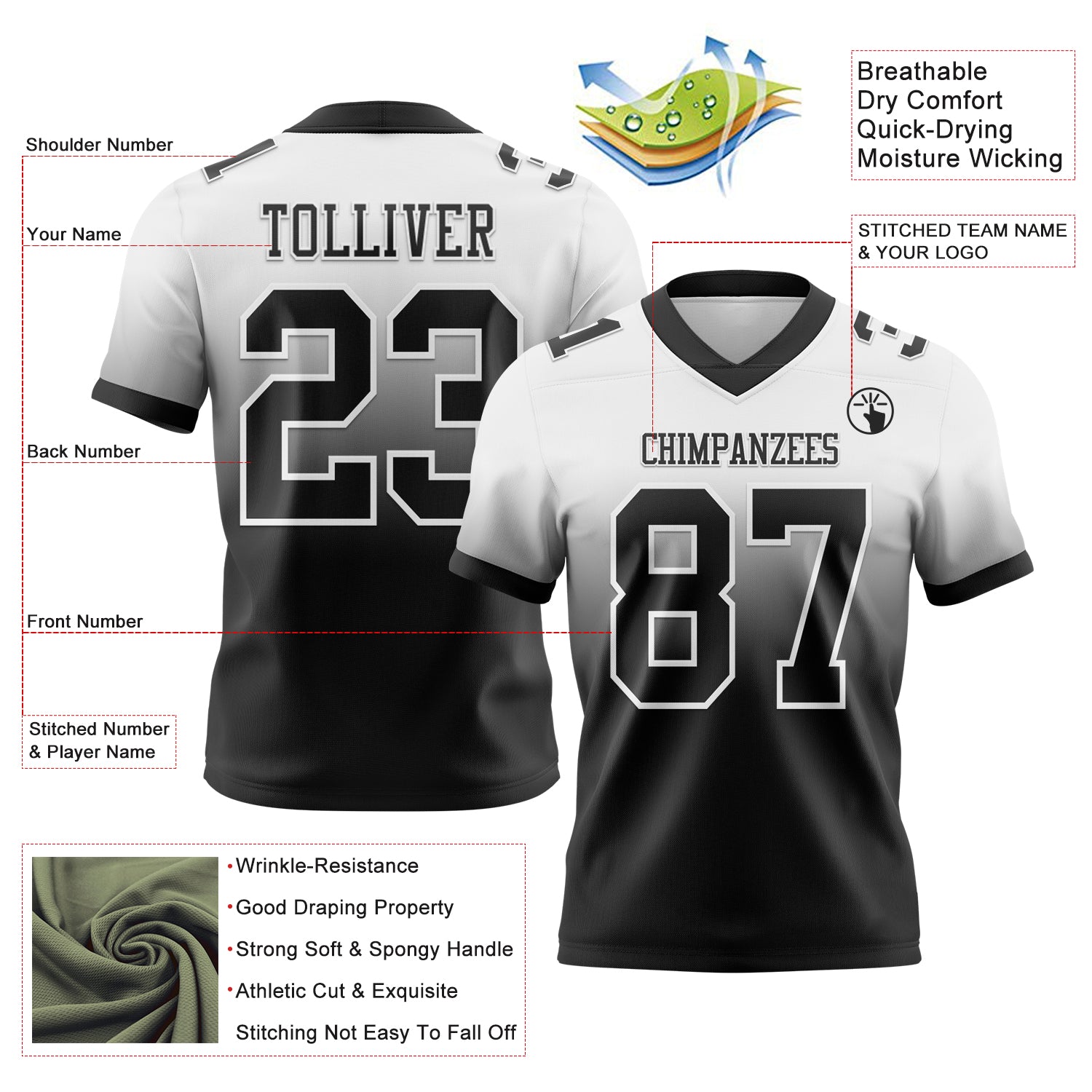 Custom White Black Authentic Fade Fashion Football Jersey