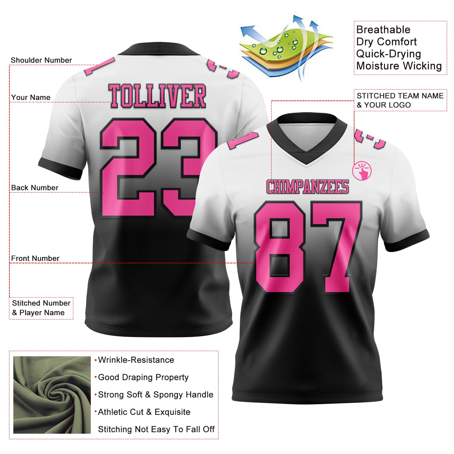 Custom White Pink-Black Authentic Fade Fashion Football Jersey