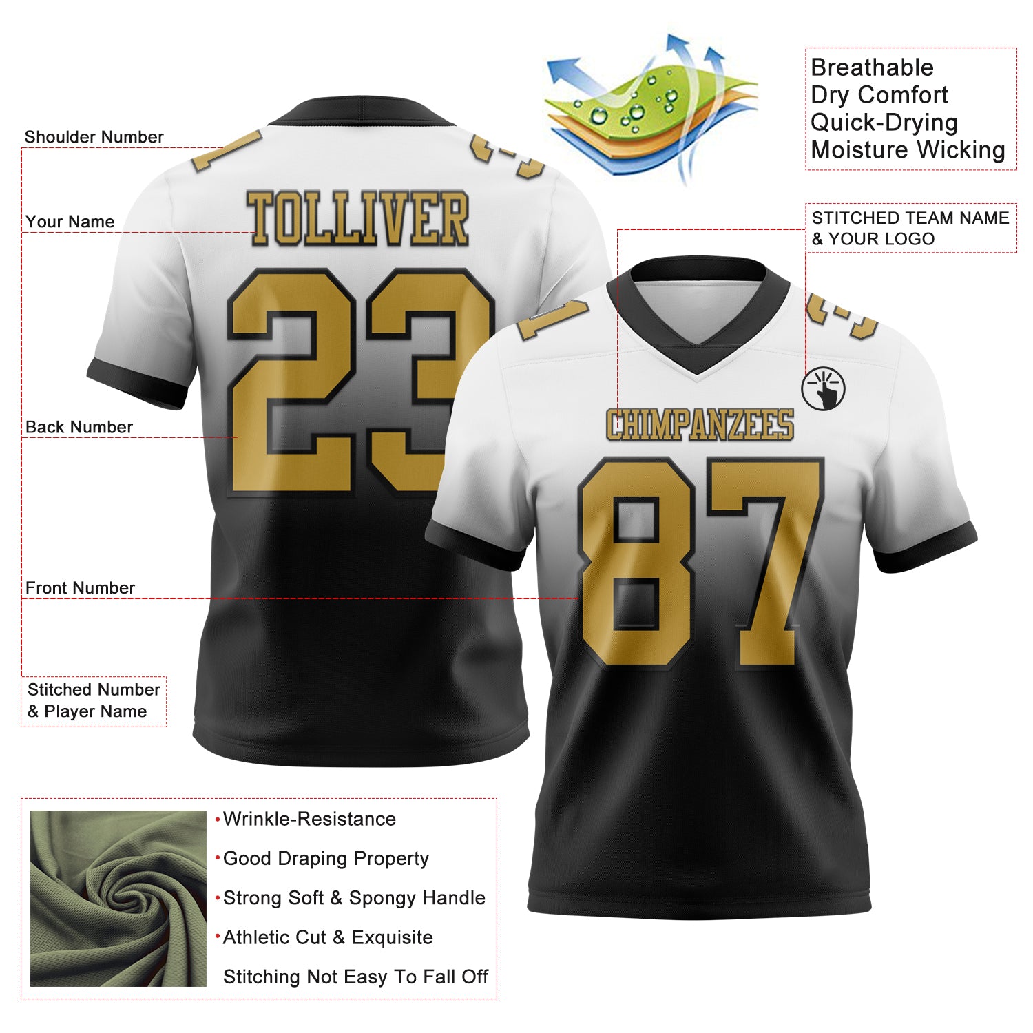 Custom White Old Gold-Black Authentic Fade Fashion Football Jersey