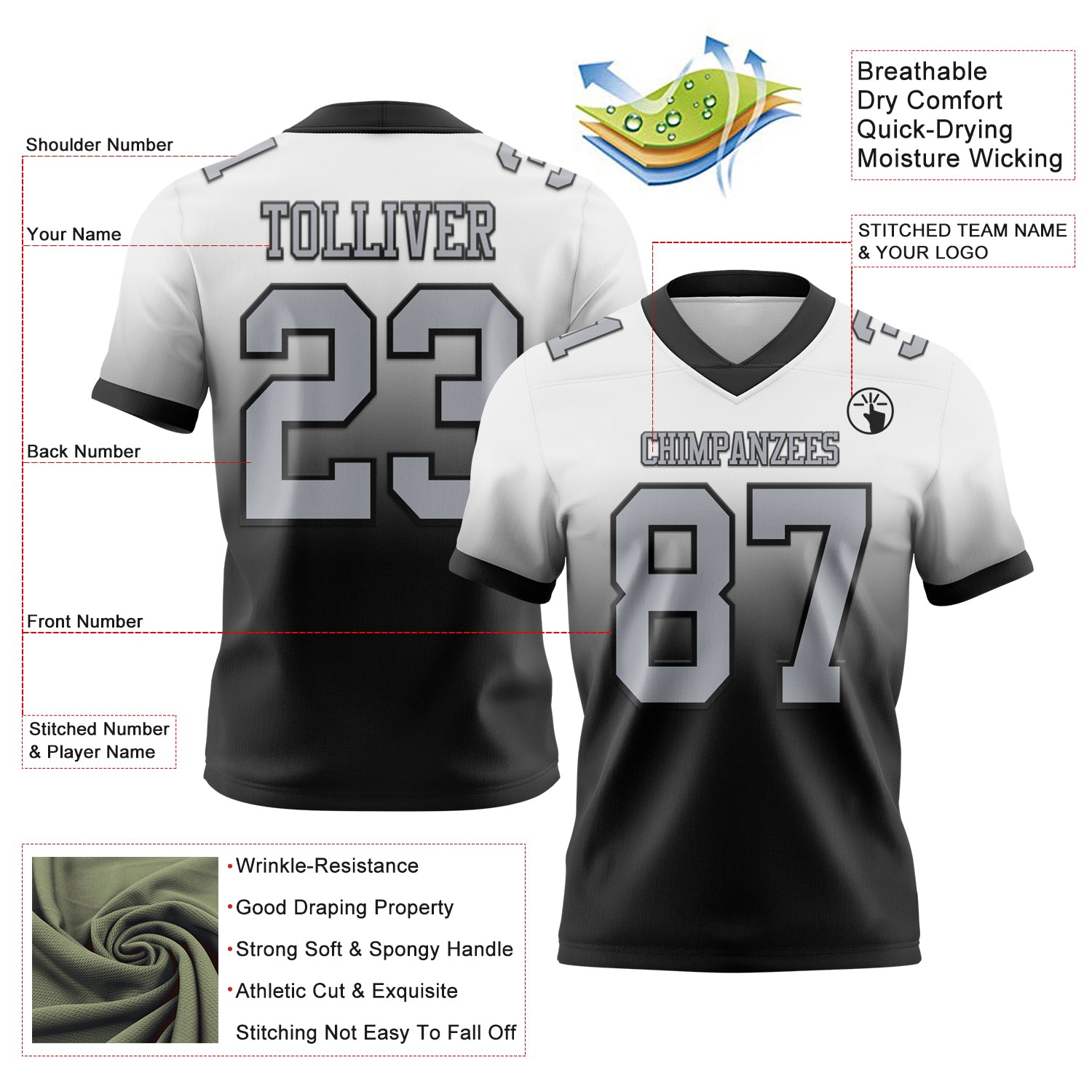 Custom White Gray-Black Authentic Fade Fashion Football Jersey
