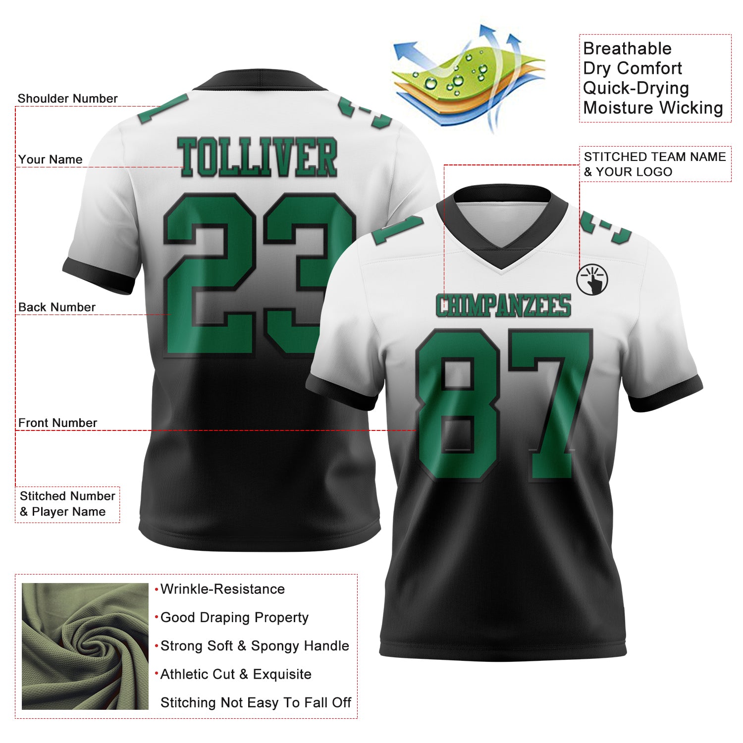 Custom White Kelly Green-Black Authentic Fade Fashion Football Jersey