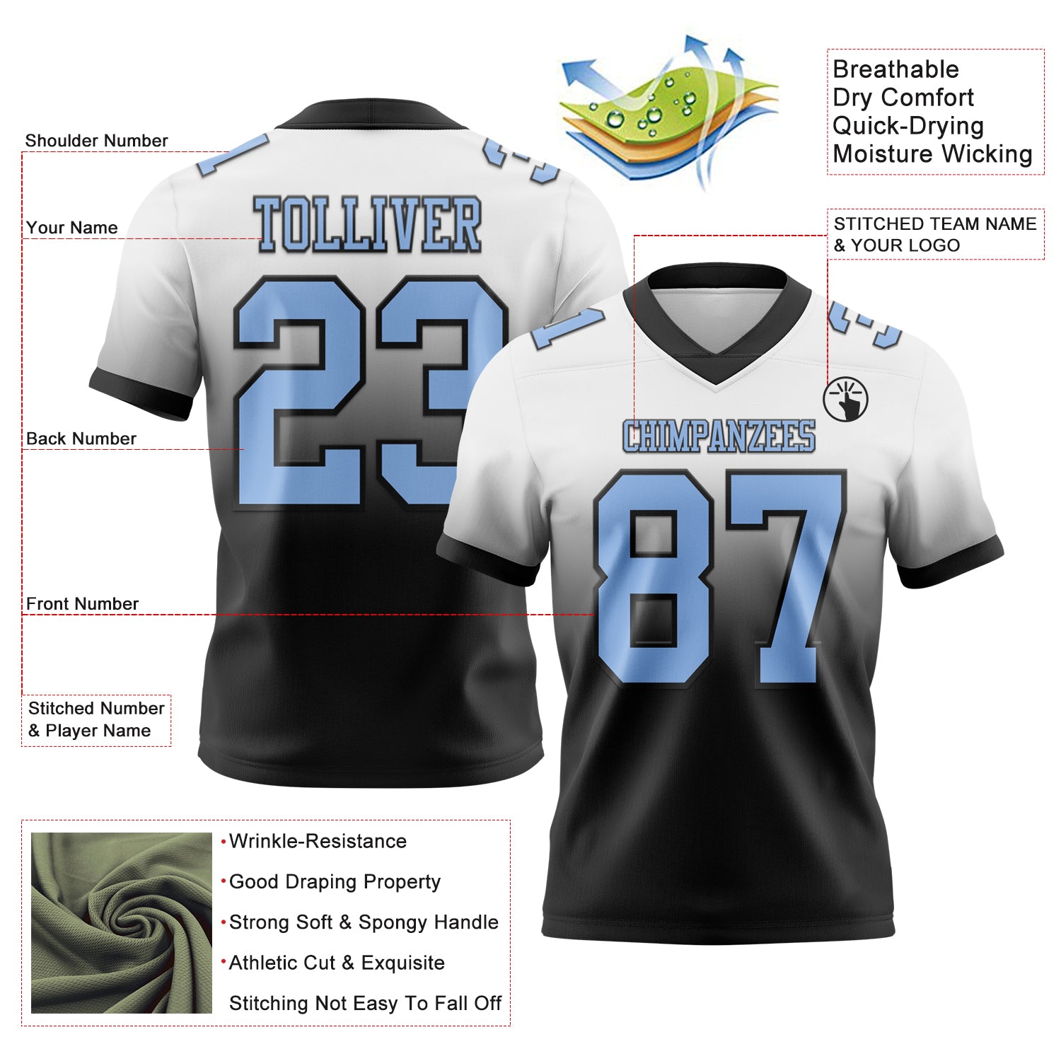 Custom White Light Blue-Black Authentic Fade Fashion Football Jersey