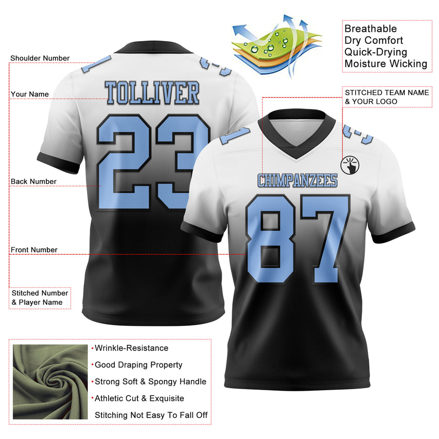 Custom White Light Blue-Black Authentic Fade Fashion Football Jersey