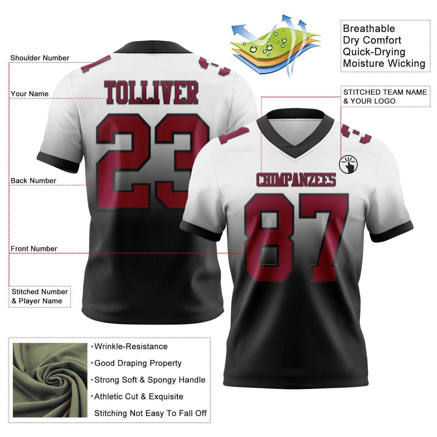 Custom White Maroon-Black Authentic Fade Fashion Football Jersey