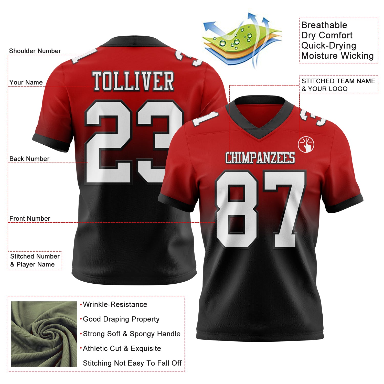 Custom Red White-Black Authentic Fade Fashion Football Jersey