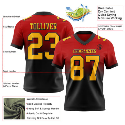 Custom Red Gold-Black Authentic Fade Fashion Football Jersey