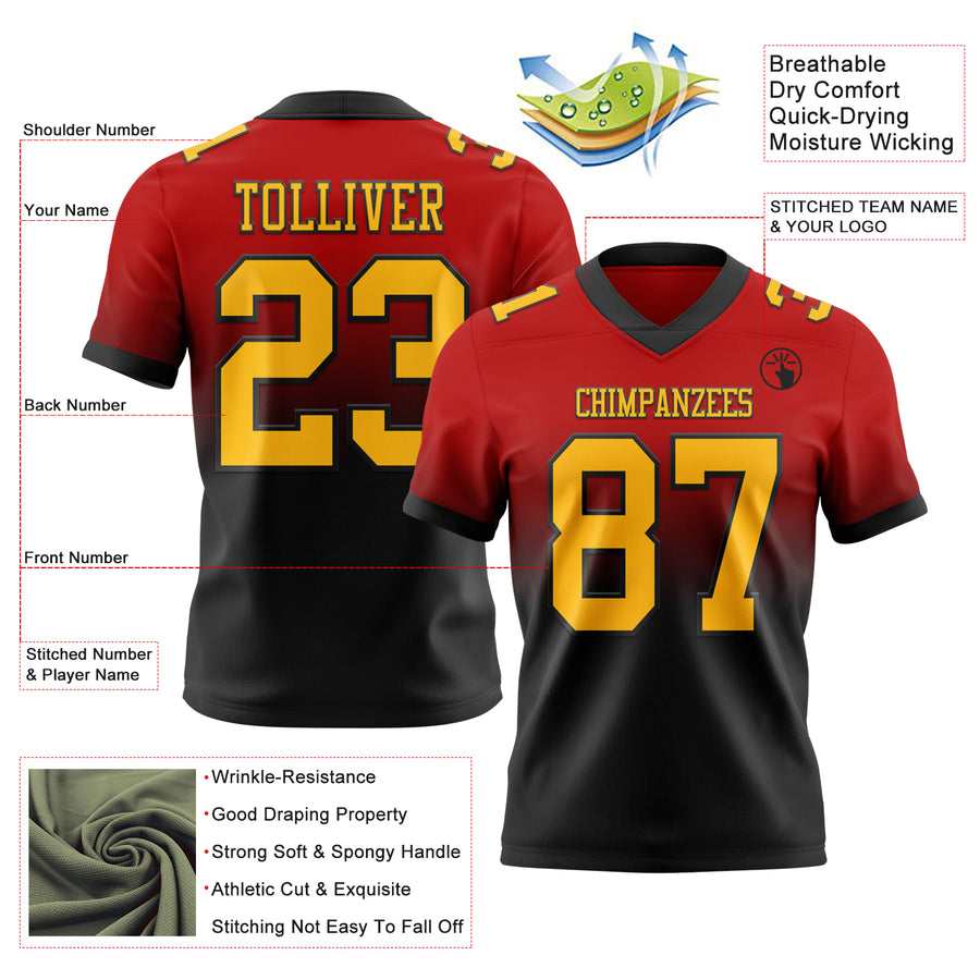 Custom Red Gold-Black Authentic Fade Fashion Football Jersey
