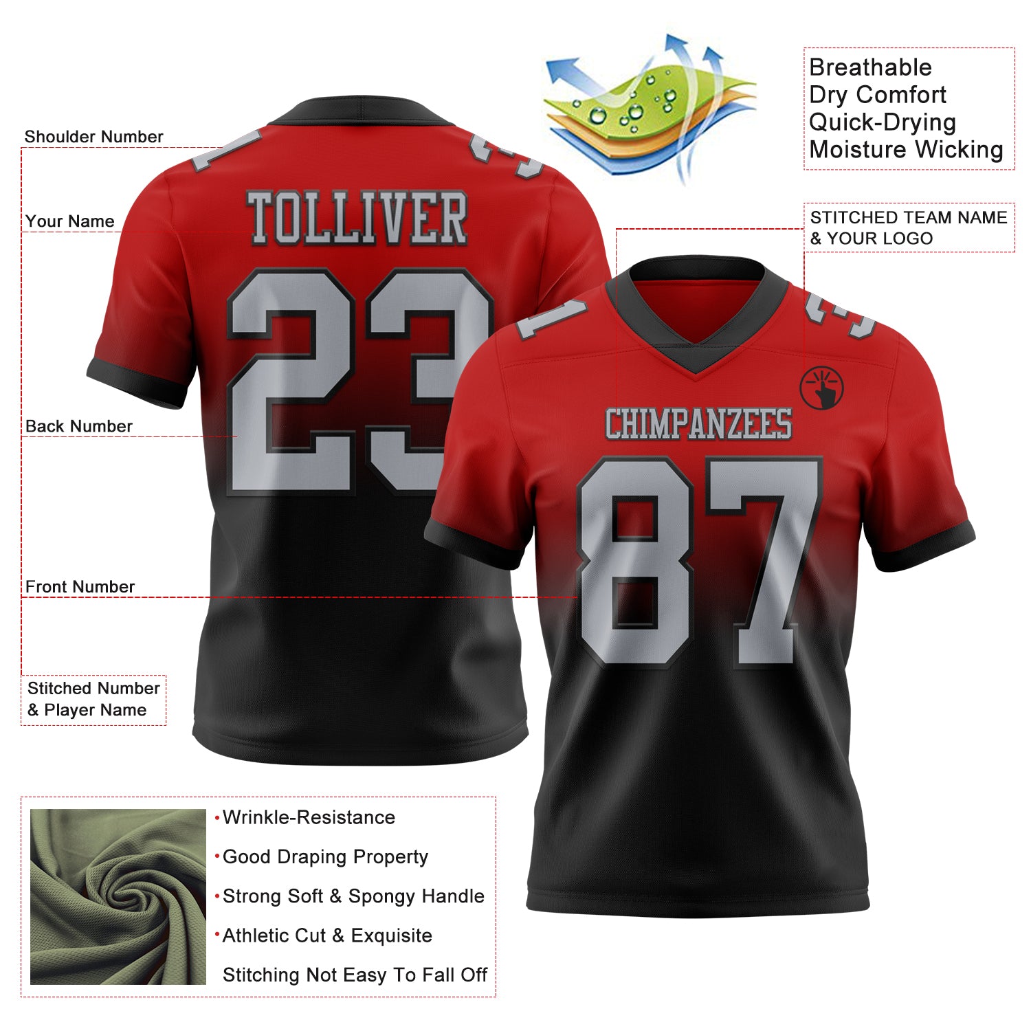 Custom Red Gray-Black Authentic Fade Fashion Football Jersey