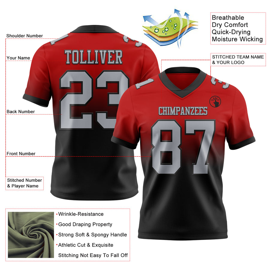 Custom Red Gray-Black Authentic Fade Fashion Football Jersey