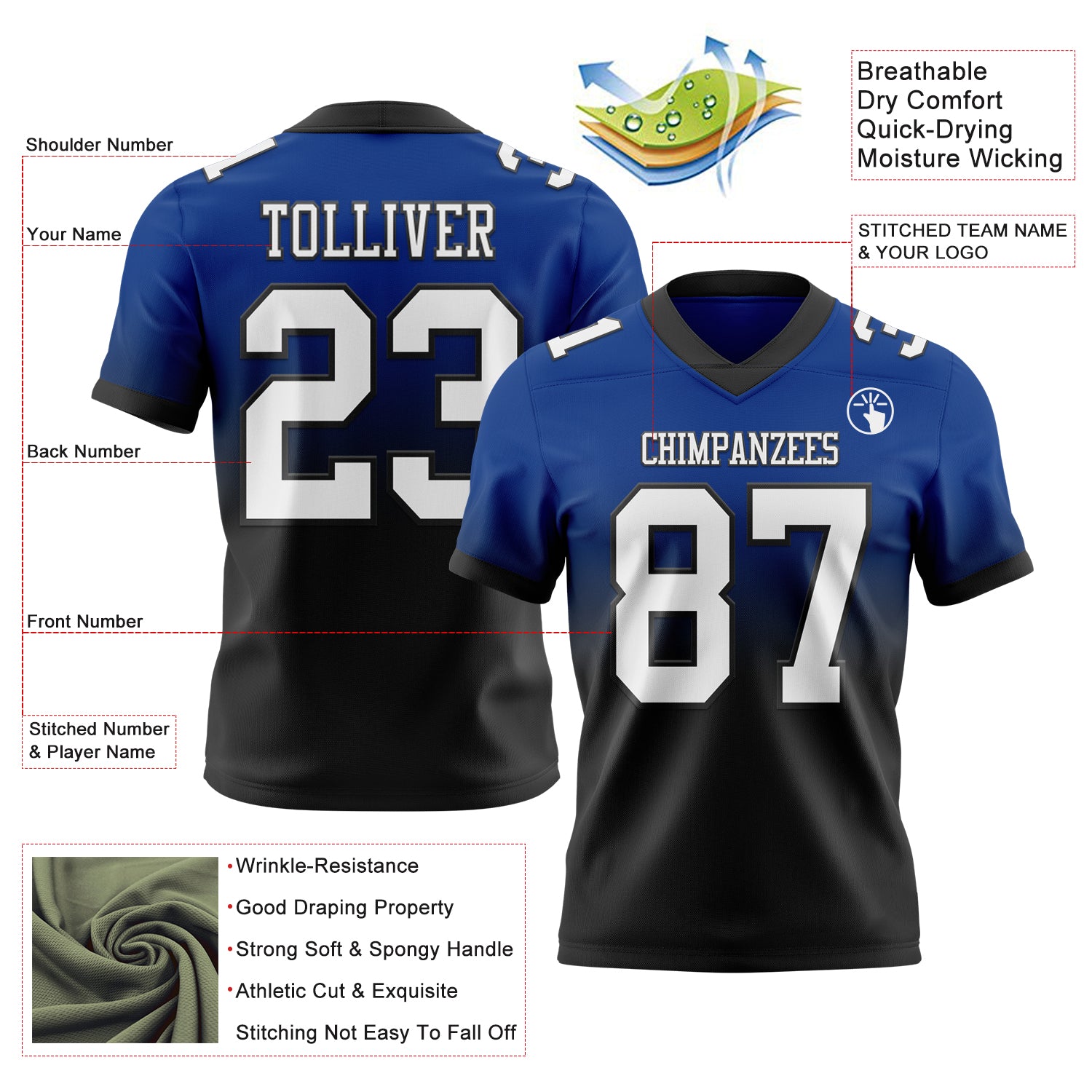 Custom Royal White-Black Authentic Fade Fashion Football Jersey