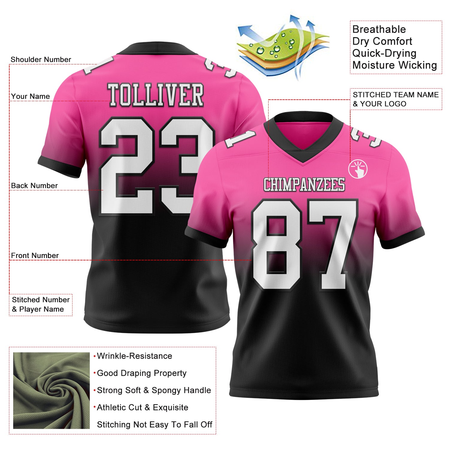 Custom Pink White-Black Authentic Fade Fashion Football Jersey