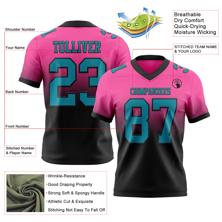 Custom Pink Teal-Black Authentic Fade Fashion Football Jersey