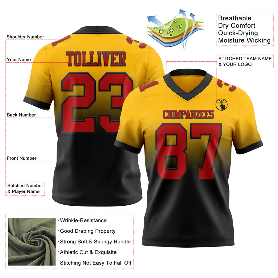 Custom Gold Red-Black Authentic Fade Fashion Football Jersey