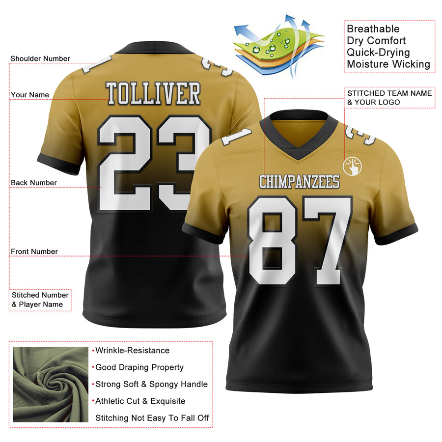 Custom Old Gold White-Black Authentic Fade Fashion Football Jersey