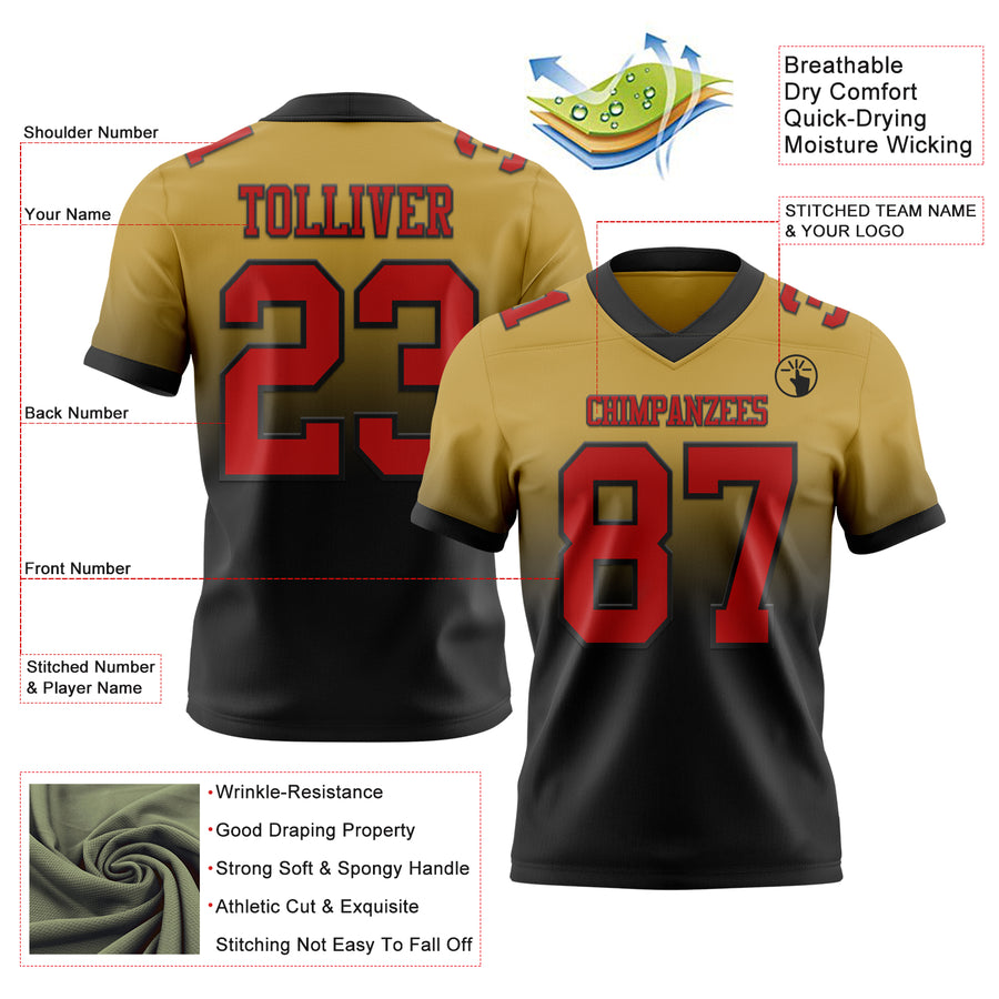 Custom Old Gold Red-Black Authentic Fade Fashion Football Jersey