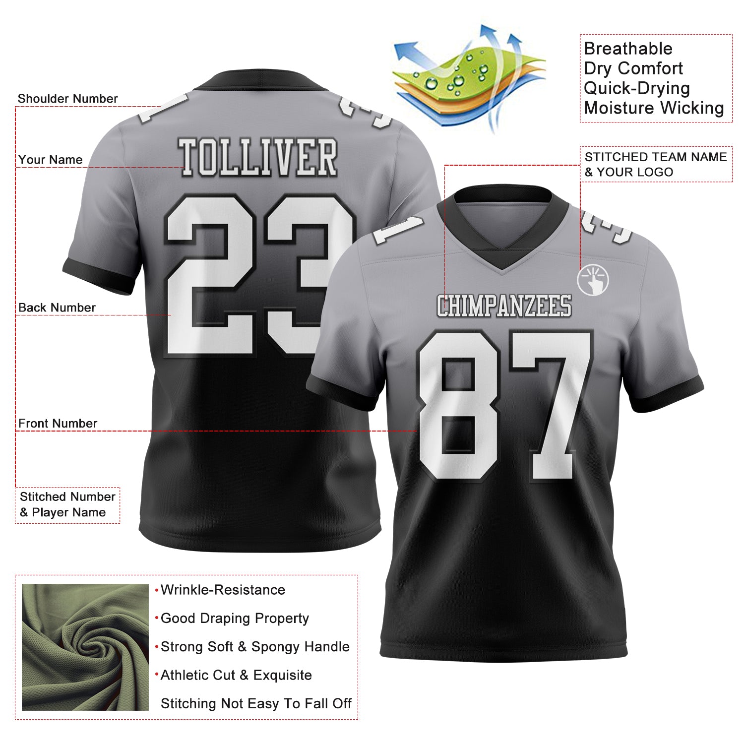 Custom Gray White-Black Authentic Fade Fashion Football Jersey