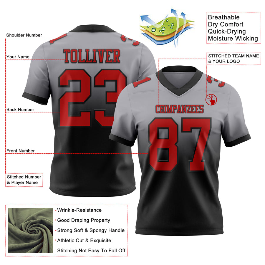 Custom Gray Red-Black Authentic Fade Fashion Football Jersey