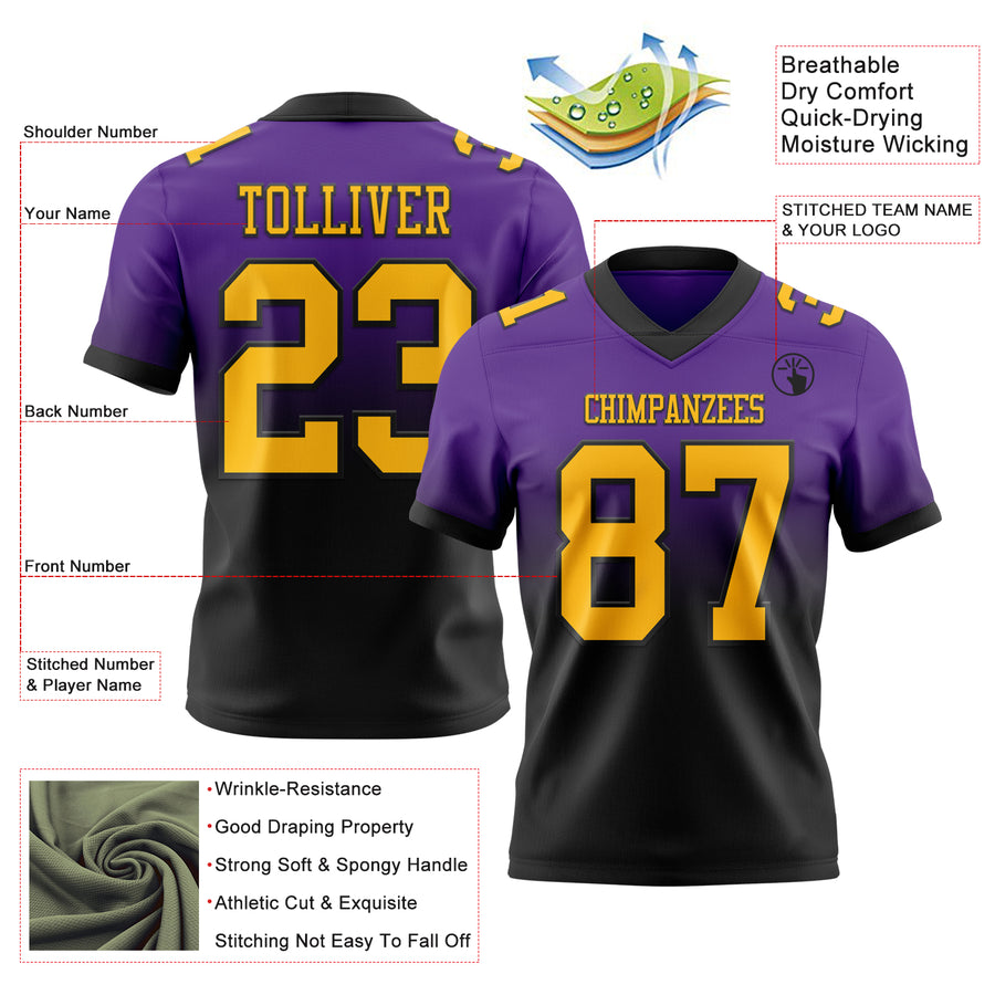 Custom Purple Gold-Black Authentic Fade Fashion Football Jersey