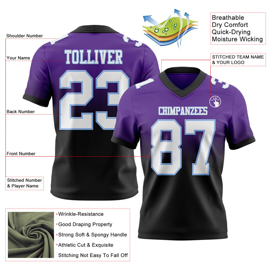 Custom Purple White Black-Light Blue Authentic Fade Fashion Football Jersey