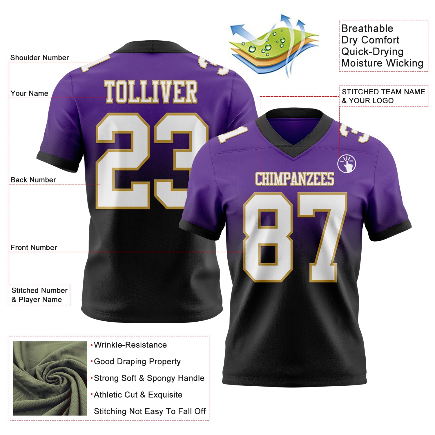 Custom Purple White Black-Old Gold Authentic Fade Fashion Football Jersey