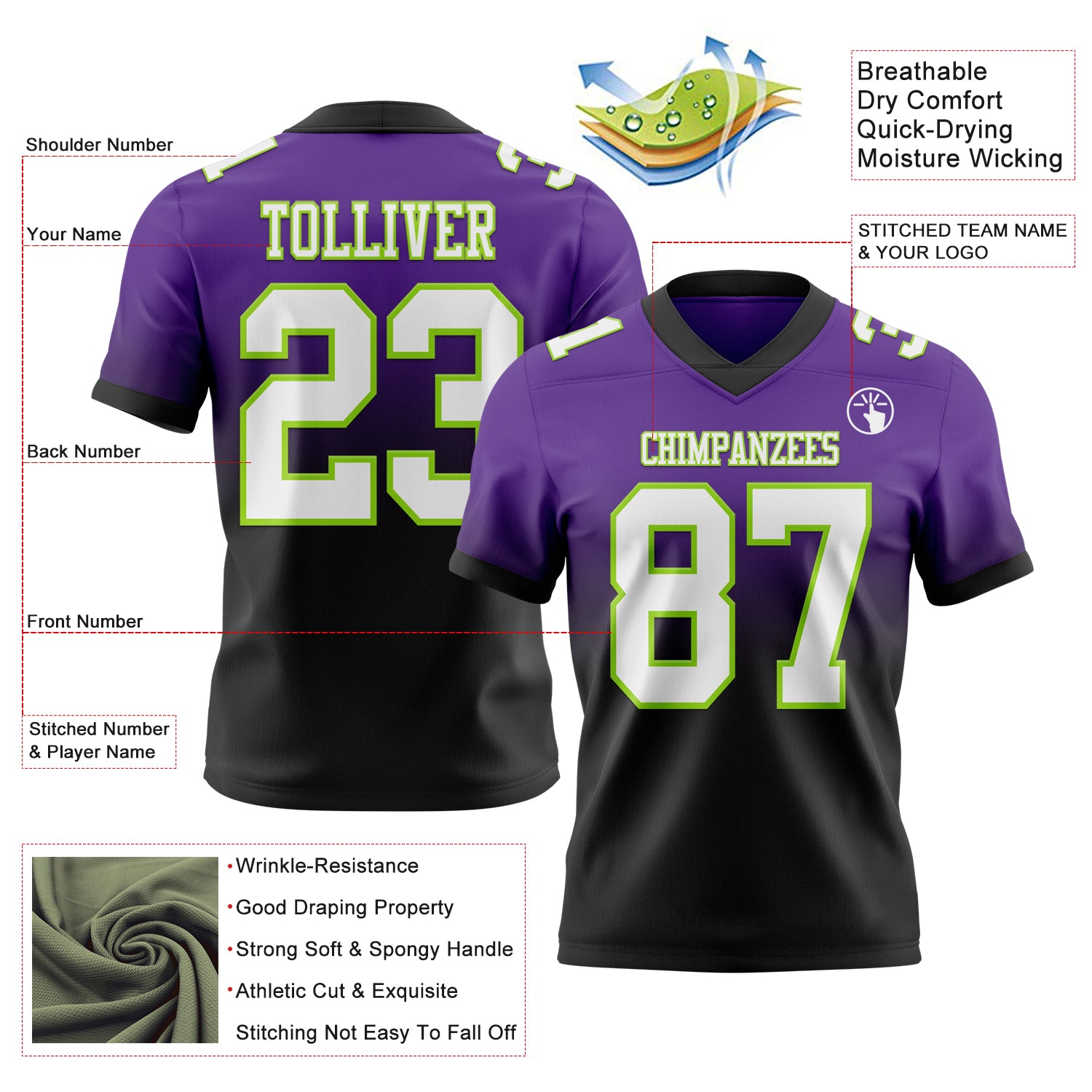 Custom Purple White Black-Neon Green Authentic Fade Fashion Football Jersey