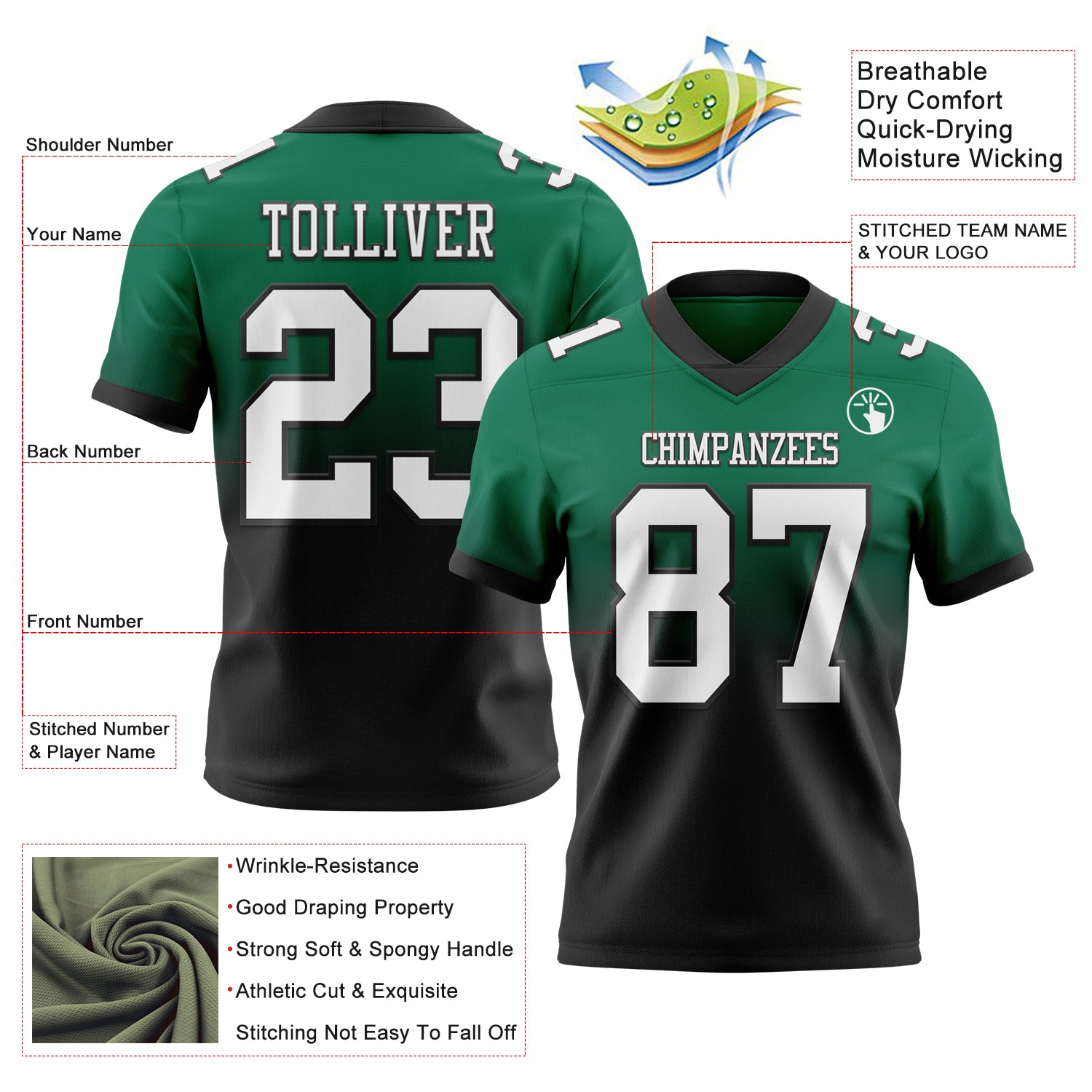 Custom Kelly Green White-Black Authentic Fade Fashion Football Jersey