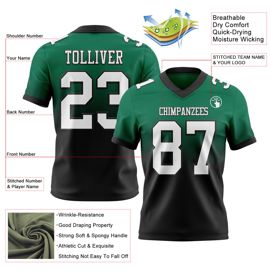 Custom Kelly Green White-Black Authentic Fade Fashion Football Jersey