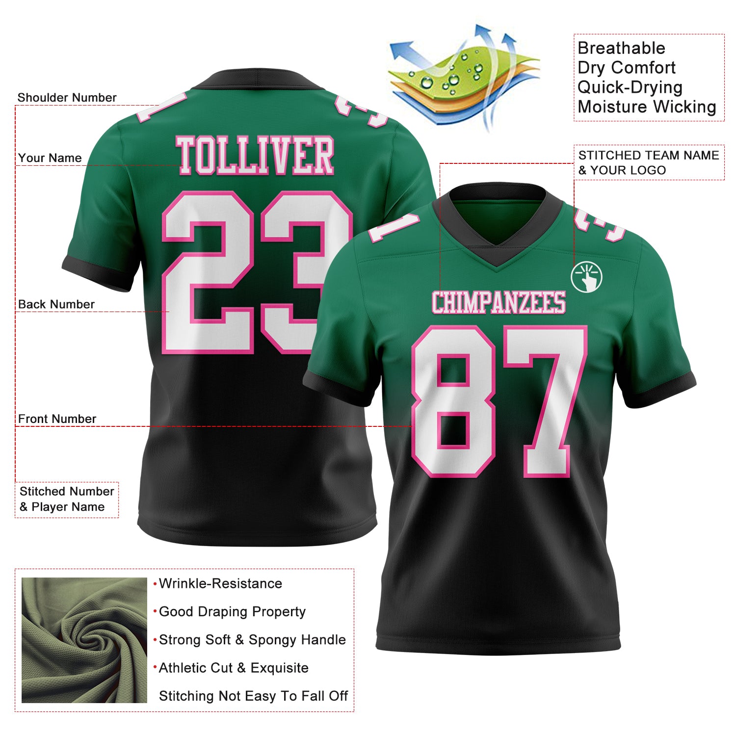 Custom Kelly Green White Black-Pink Authentic Fade Fashion Football Jersey