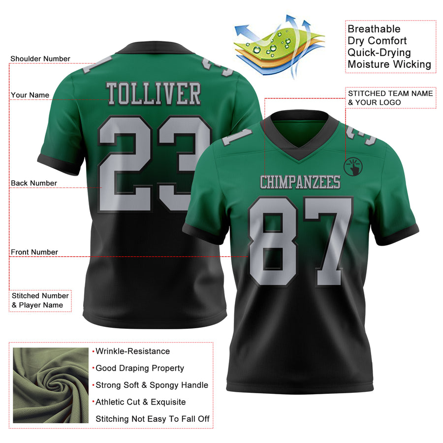 Custom Kelly Green Gray-Black Authentic Fade Fashion Football Jersey
