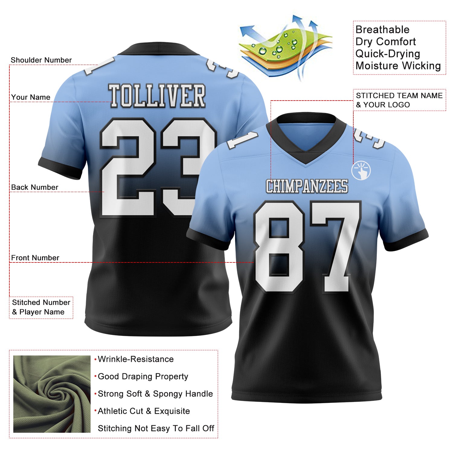 Custom Light Blue White-Black Authentic Fade Fashion Football Jersey