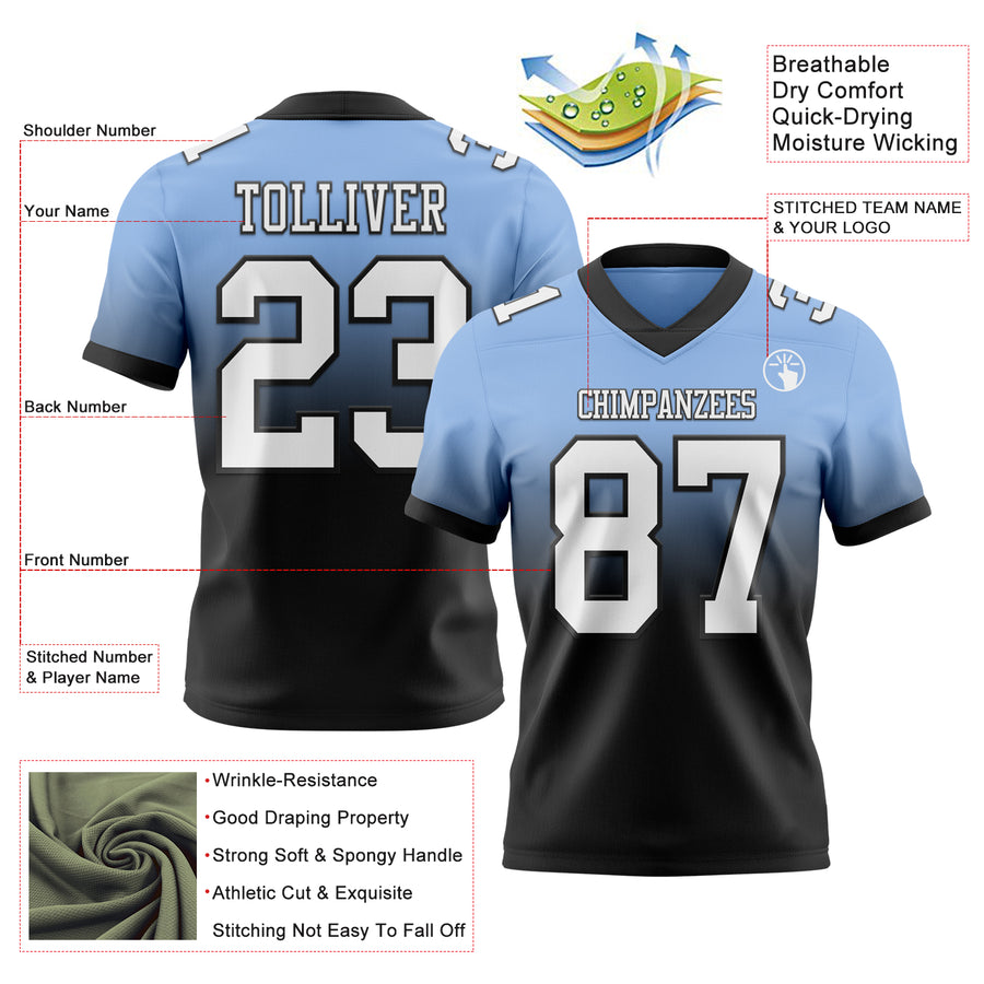 Custom Light Blue White-Black Authentic Fade Fashion Football Jersey