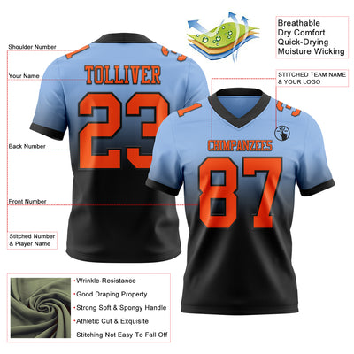 Custom Light Blue Orange-Black Authentic Fade Fashion Football Jersey