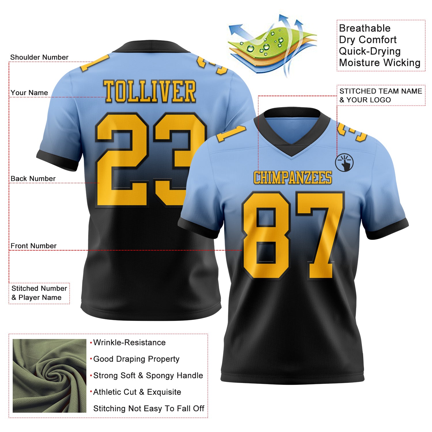 Custom Light Blue Gold-Black Authentic Fade Fashion Football Jersey